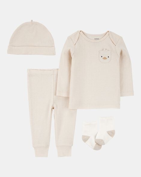 Conjunto Carters de 4 piezas para bebé con pollito, camisa, pantalón, gorro y calcetines beige a rayas.