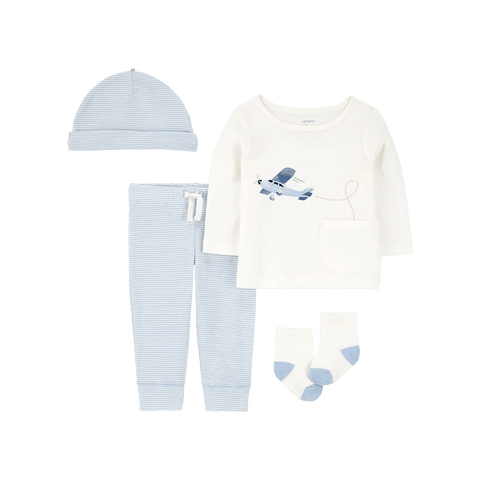 Conjunto Carters de 4 piezas para bebé niño: camisa, pantalón, gorro y calcetines con avión azul.