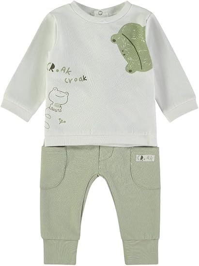 Conjunto Babybol de 2 piezas para bebé niño: camiseta ranita blanca y pantalón jogger verde suave.