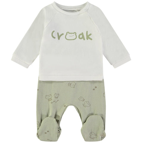 Conjunto de bebé Babybol blanco y verde de 2 piezas, con camiseta de manga larga y ranita "Croak"