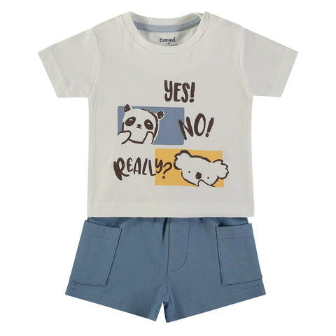 Conjunto Babybol de shorts azules y camiseta blanca con panda y koala para bebé niño.