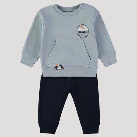 Conjunto de niño Babybol sudadera azul claro con estampado 'Hawaii' y jogger azul oscuro, ideal