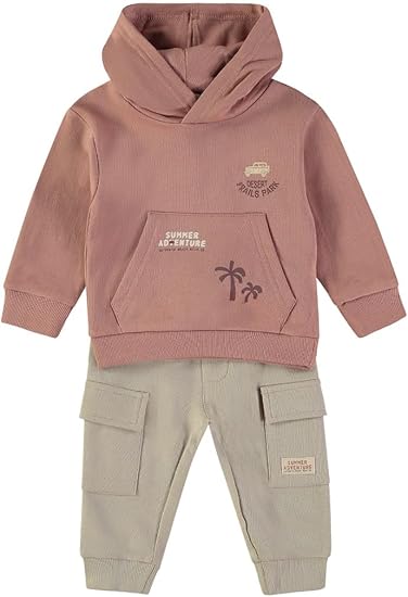 Conjunto Babybol de sudadera malva con estampado de palmeras y jogger beige cargo para bebé.
