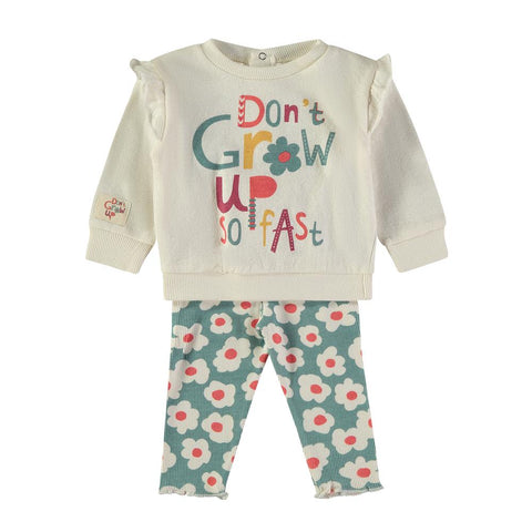Conjunto de dos piezas Babybol para bebé niña, sudadero blanco con mensaje multicolor "Don't Grow
