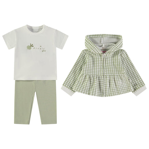 Conjunto de ropa Babybol de 3 piezas para bebé niña: blusa blanca con estampado, pantalón verde y