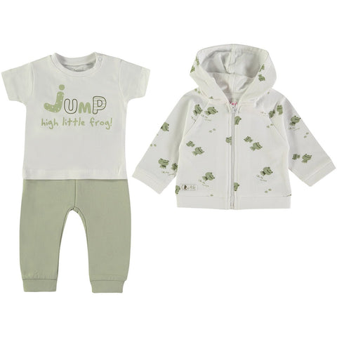 Conjunto de 3 piezas Babybol para bebé niño, camiseta blanca con frase, jogger verde claro y chumpa