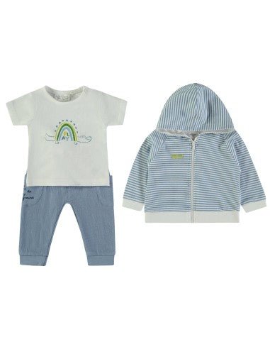 Conjunto Babybol de 3 piezas para bebé: camiseta blanca con arcoíris, pantalón celeste y chaqueta a