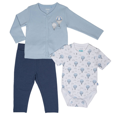 Conjunto para bebé niño Kinder de 3 piezas: body con globos, chaqueta azul y pantalón azul marino.