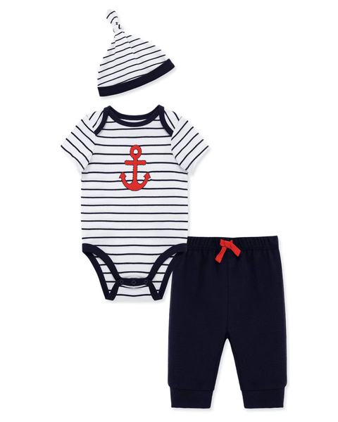 Conjunto marinero Little de 3 piezas para bebé: body de rayas con ancla, pantalón azul y gorra a juego.