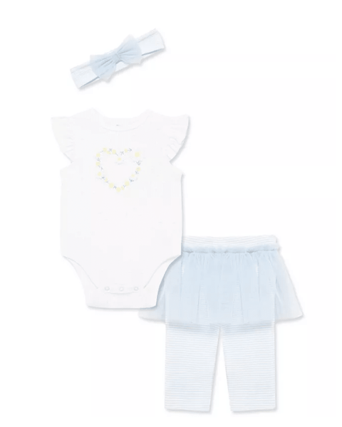 Conjunto Little Me de 3 piezas para bebé niña: body blanco con corazón, falda-leggins y banda azul claro.