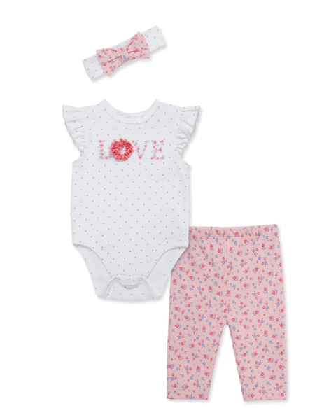 Conjunto 3 piezas Little Me: body blanco con puntos y LOVE, leggings florales rosa, banda a juego para bebé niña.