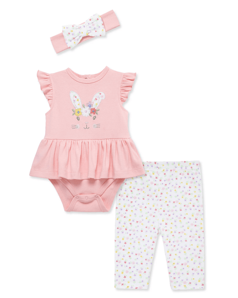 Conjunto de 3 piezas Little Me para bebé niña: blusa body rosa con conejito floral, leggins y diadema.