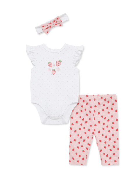 Conjunto de bebé niña Little Me 3 piezas: body blanco con fresas, leggins rosados y banda para el cabello.