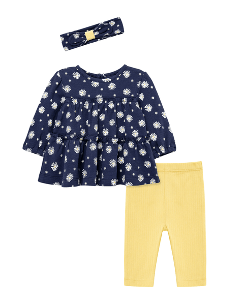 Conjunto bebé niña Little Me Daisy de 3 piezas: blusa túnica azul marino, leggings amarillos y banda.