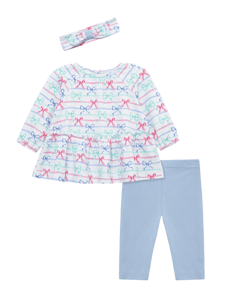 Conjunto de bebé niña Little Me de 3 piezas Moñitas: túnica, leggins azules y banda.