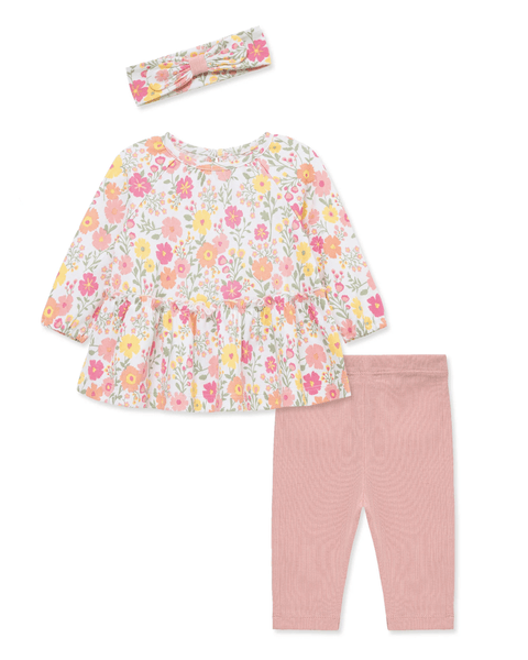 Conjunto bebé niña Little Me: blusa túnica floral, leggins rosa y banda. Tallas 3M a 12M.