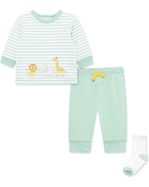 Conjunto safari Little Me para bebé niño de 3 piezas: camisa rayada, pantalón verde y calcetines a juego.
