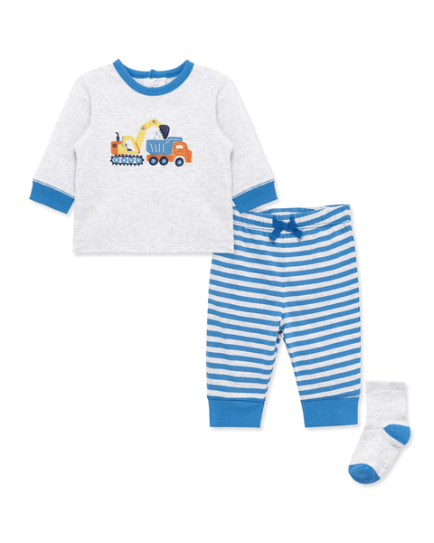 Conjunto Little Me de 3 piezas para bebé niño: camisa gris tractor, pantalón rayas azul, calcetines.