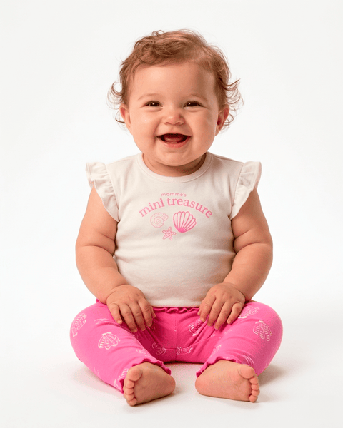 Bebé niña sonriente usando el conjunto Carters de body 'Mini Treasure' y leggings rosas con conchas