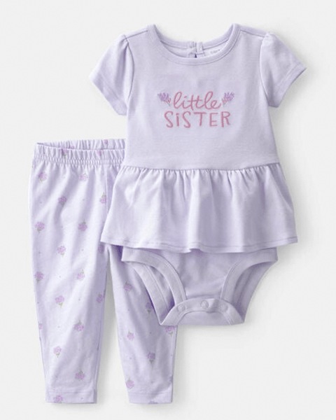 Conjunto Body peplum lila "Little Sister" y leggings florales Carter's para bebé niña