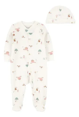 Conjunto de Pijama Carters 2 piezas: Pijama con pies y zipper doble via y gorro estampado de granja color beige para niña - Kinder Guatemala - Para dormir