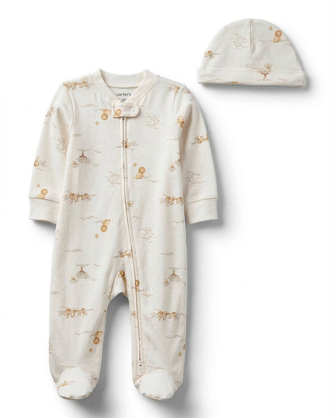 Conjunto Carters de pijama con pies y gorro beige para bebé, estampado de leones y zipper doble vía.