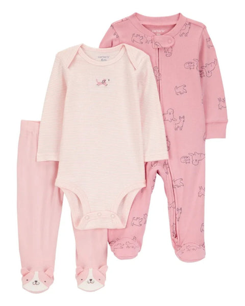 Conjunto Carters 3 piezas rosado para niña: body manga larga, pantalón con pies y pijama con zipper.