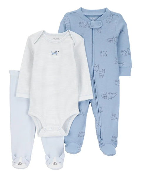 Conjunto de pijama Carter's de 3 piezas para niño: body blanco, pantalón azul con pies de oso y pijama azul con animales.