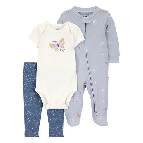 Conjunto de pijama Carter's de 3 piezas para bebé: body blanco, pijama azul con mariposas y pantalón de puntos.