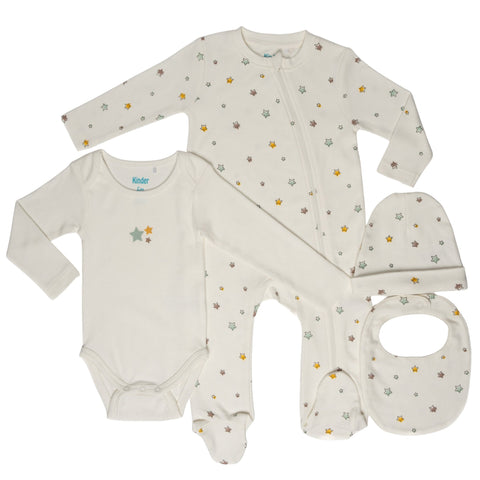 Conjunto de regalo de bebé Kinder blanco con pijama, body, gorro y babero de estrellas unisex.