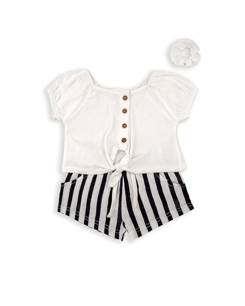 Conjunto pijama Babybol para niña: blusa blanca con nudo, short a rayas y liga, ropa infantil cómoda.