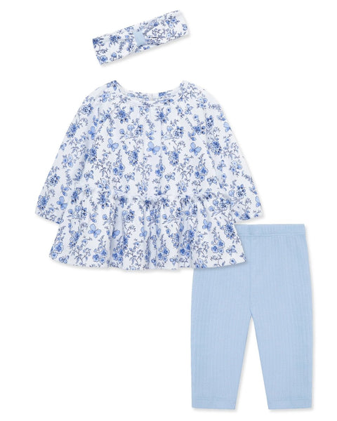 Conjunto de algodón Little Me para niña: blusa blanca floral y mariposas, leggings azules y cinta a juego.