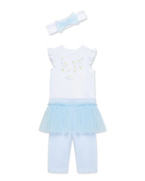 Conjunto Little Me bebé niña 3 piezas: body margaritas, tutú celeste y leggings a rayas con diadema.