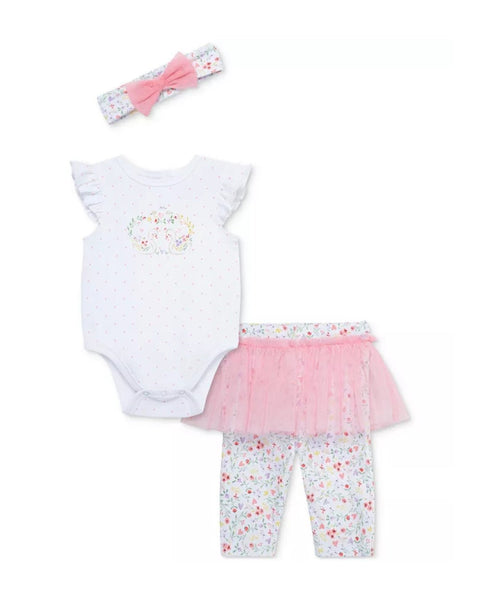 Conjunto Little Me de niña 3 piezas: body mariposa, leggings tutú y cinta floral rosada.