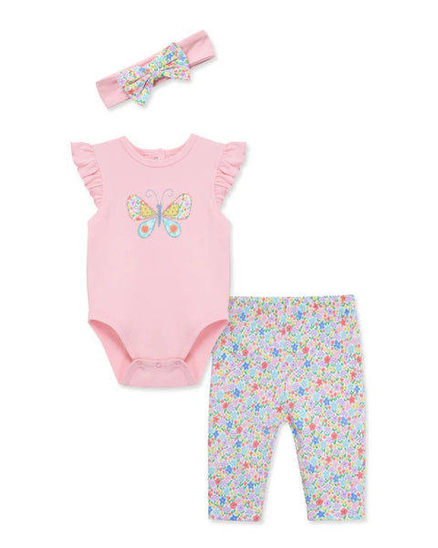 Conjunto Little Me para bebé niña: body rosa mariposa, leggings florales y diadema a juego