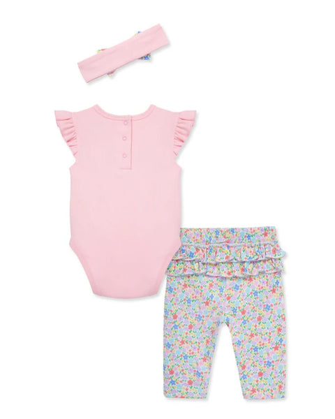 Reverso de body rosa con mangas de volantes, leggings florales con volantes y cinta Little Me