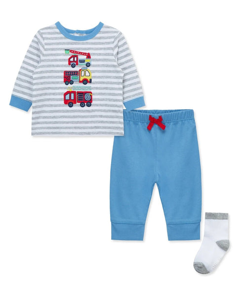 Conjunto Little Me 3 piezas para niño: camisa manga larga rayas, pantalón azul y calcetines.