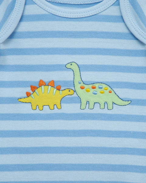 Detalle de pañalero Little Me con estampado de dinosaurios amarillo y verde en rayas azules.