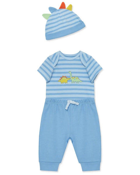Set de ropa para bebé Little Me con body, pantalón azul y gorro con diseño de dinosaurios.