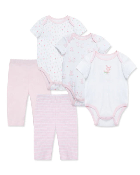 Conjunto Little Me de 5 piezas para bebé niña: 3 bodys y 2 leggings de algodón con conejos rosados.