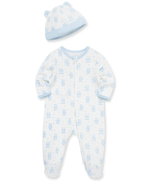 Conjunto Little Me pijama de algodón con pies y zipper, estampado de ositos azules y estrellas, gorrita de bebé.