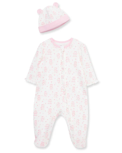 Conjunto de pijama Little Me de algodón blanco con osos y estrellas rosadas para bebé niña, incluye gorrita con orejas.