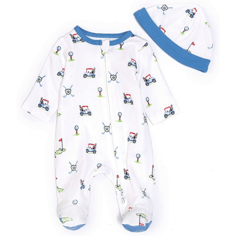 Conjunto Little Me pijama blanco de golf para bebé con pies, zipper y gorro azul