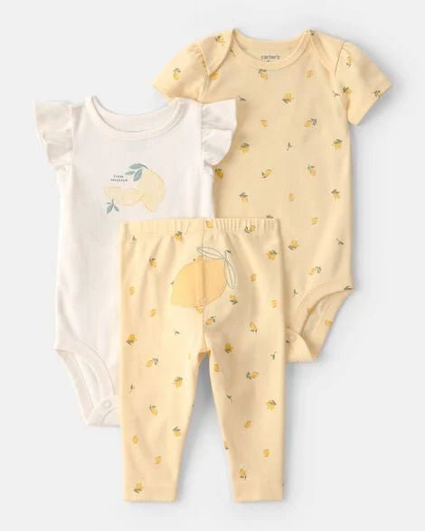 Conjunto de ropa para bebé niña Carter's de 3 piezas: 2 bodies y pantalón amarillo con diseño de limones.