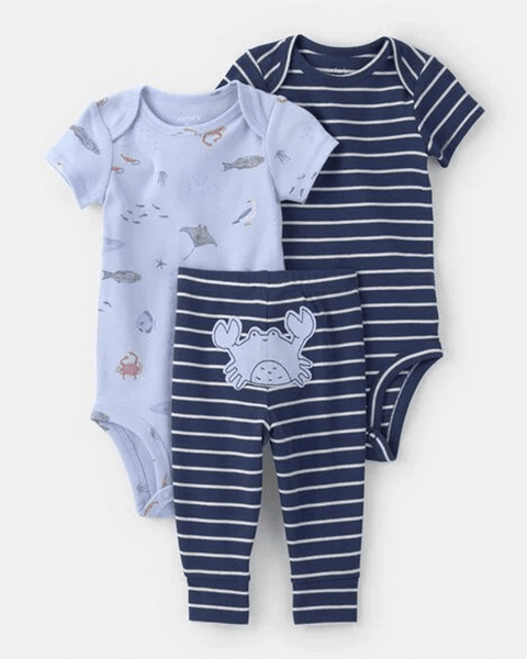 Conjunto Carter's 3 piezas para niña: body azul animales marinos, body y pantalón rayas, cangrejo