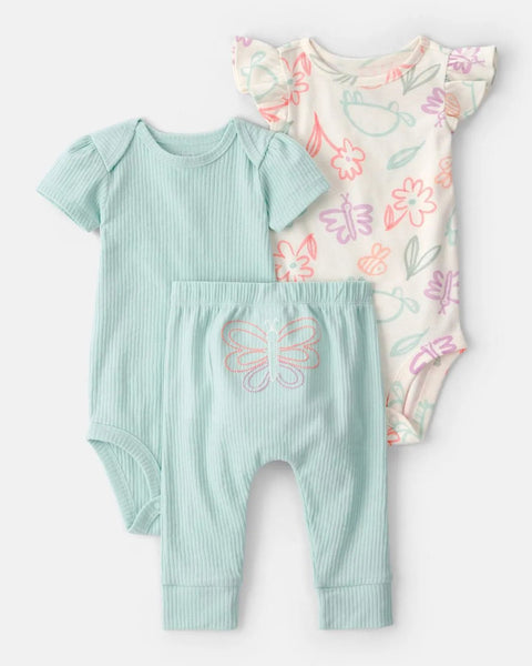 Conjunto Carter's para bebé niña: 2 bodies (azul, floral) y pantalón azul con mariposa bordada.