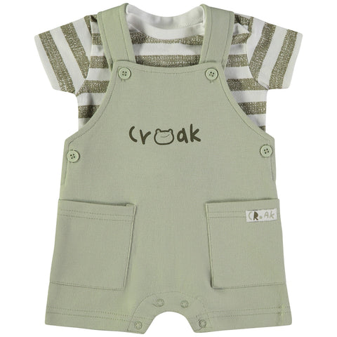 Conjunto overol corto verde claro para bebé CR♡AK con camiseta de rayas y diseño de ranita.