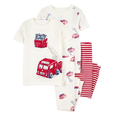 Conjunto pijama Carters 4 piezas niño: 2 blusas manga corta y 2 pantalones, diseño camión de bomberos rojo.