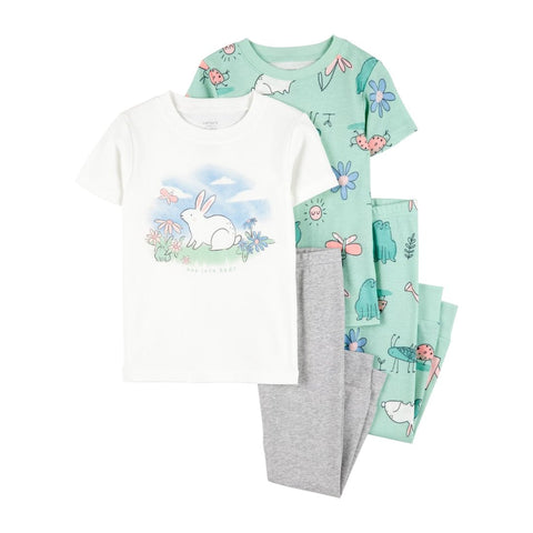 Conjunto pijama Carters para niña, 4 piezas: 2 blusas (conejo blanco y animalitos verdes) y 2 leggings (gris y verde estampado)