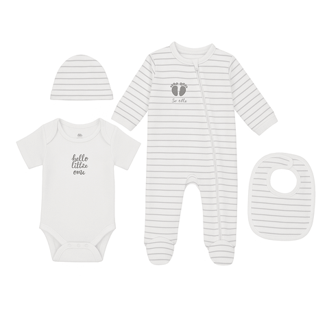 Set de bebé Kinder de 4 piezas: body blanco "hello little one", pijama, gorro y babero a rayas grises.